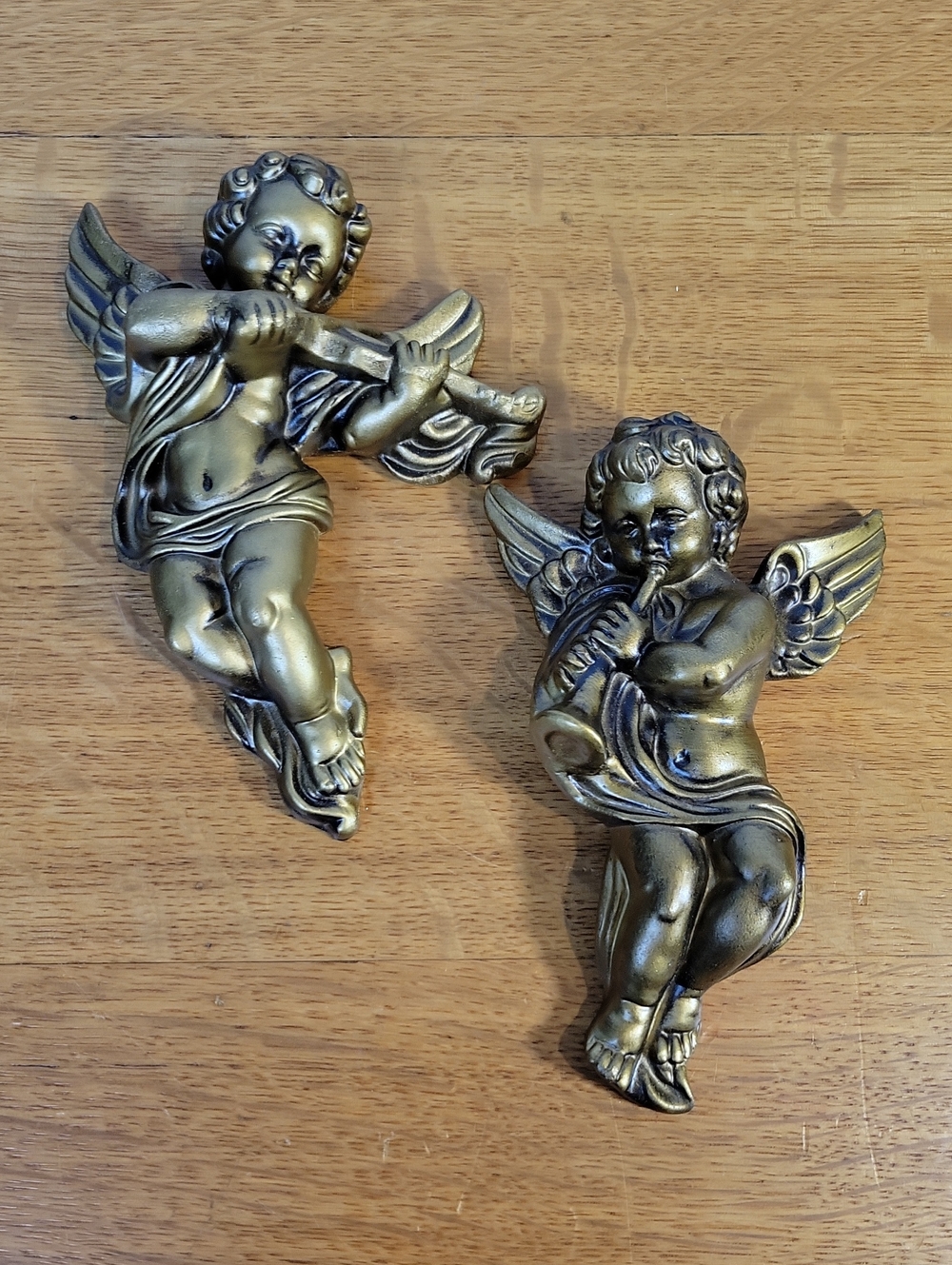 2 Vintage TAICO Japan Gold Cherub Angel Wall Plaques w/ Original Box